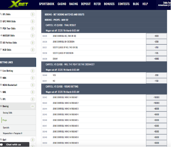 xbet boxing betting section