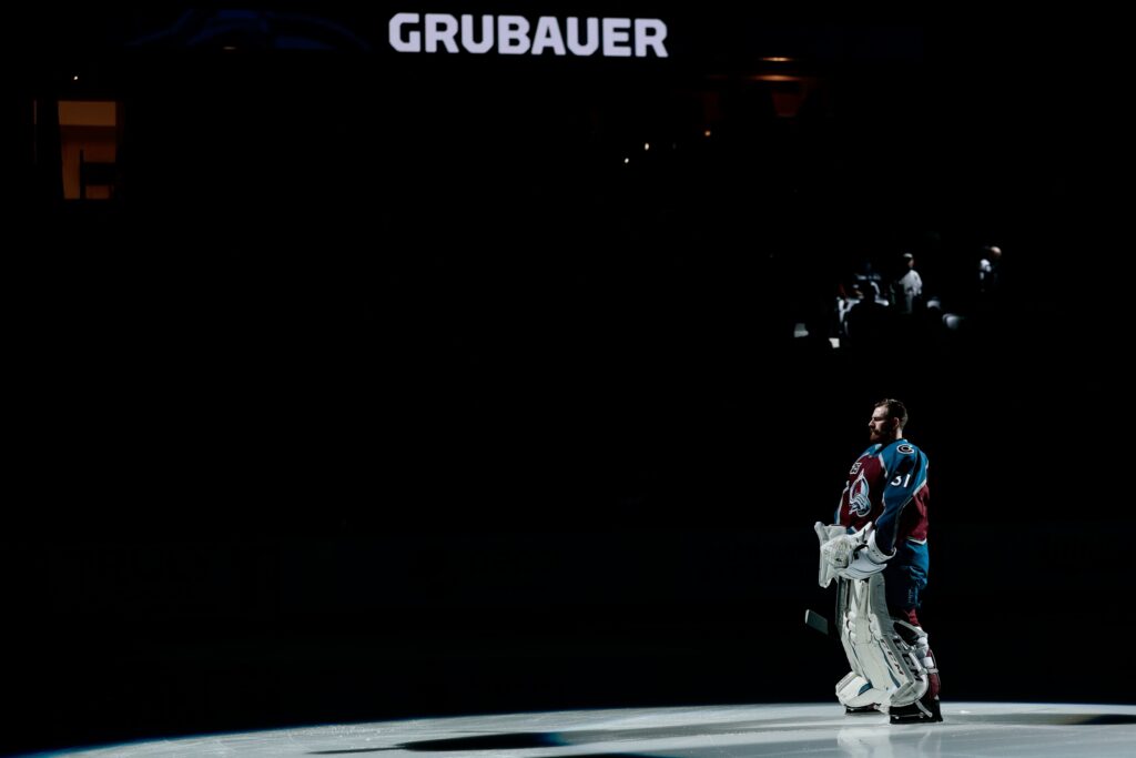May 19, 2021; Denver, Colorado, USA; Colorado Avalanche goaltender Philipp Grubauer (31) is introduced before game two of the first round of the 2021 Stanley Cup Playoffs against the St. Louis Blues at Ball Arena. Mandatory Credit: Isaiah J. Downing-USA TODAY Sports