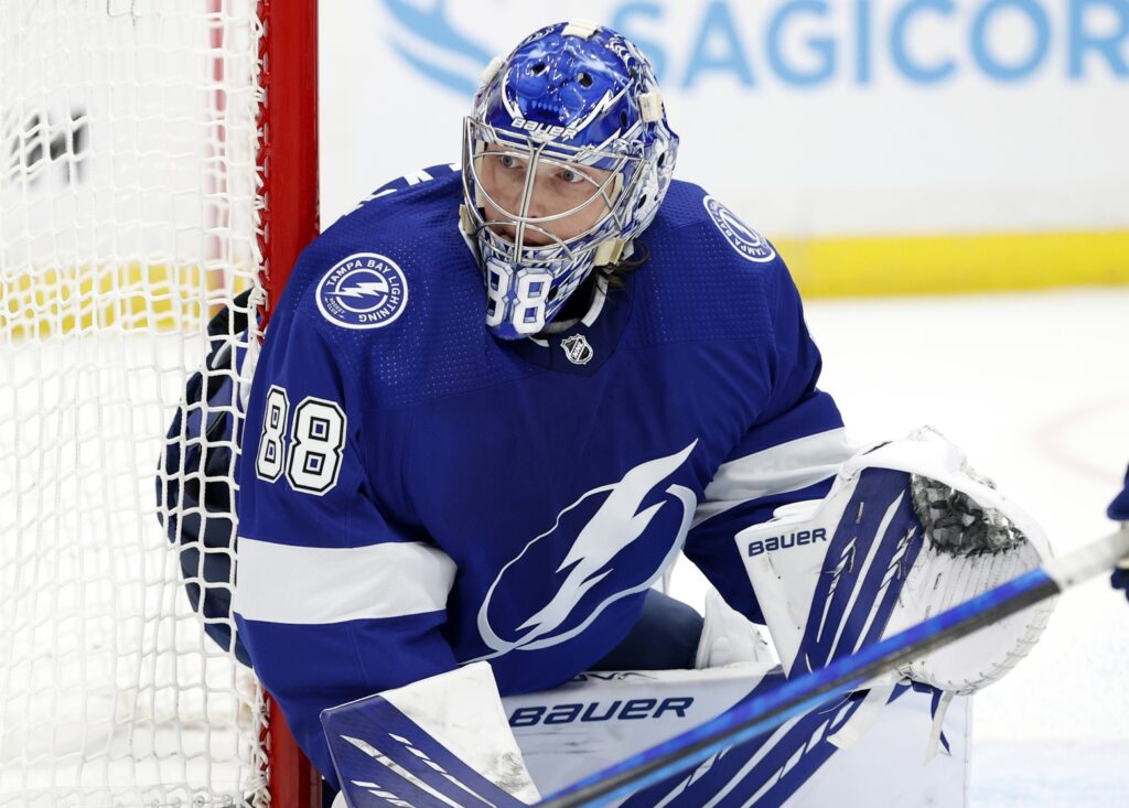 May 22, 2021; Tampa, Florida, USA;Tampa Bay Lightning goaltender Andrei Vasilevskiy (88) looks on against the Florida Panthers  during the second period in game four of the first round of the 2021 Stanley Cup Playoffs at Amalie Arena. Mandatory Credit: Kim Klement-USA TODAY Sports