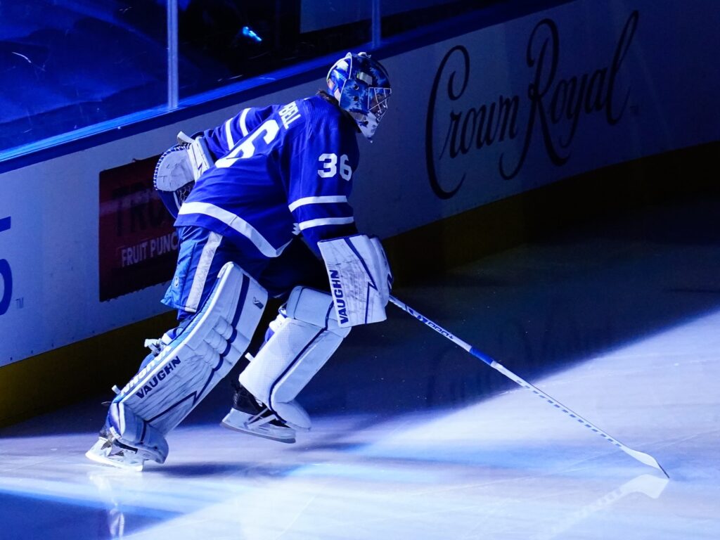 May 20, 2021; Toronto, Ontario, CAN; Toronto Maple Leafs goaltender Jack Campbell (36) takes to the ice at the start of game one of the first round of the 2021 Stanley Cup Playoffs against the Montreal Canadiens at Scotiabank Arena. Mandatory Credit: John E. Sokolowski-USA TODAY Sports