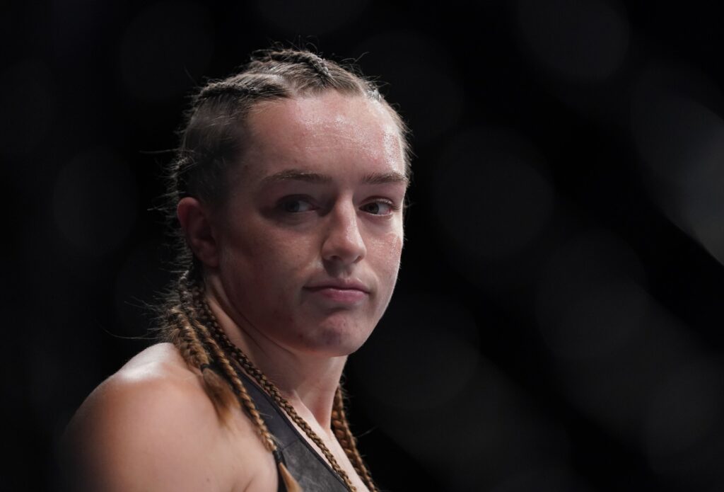 July 13, 2019; Sacramento, CA, USA; Aspen Ladd (blue gloves) before fighting Germaine de Randamie (red gloves) during UFC Fight Night-Sacramento at Golden 1 Center. Mandatory Credit: Kyle Terada-USA TODAY Sports