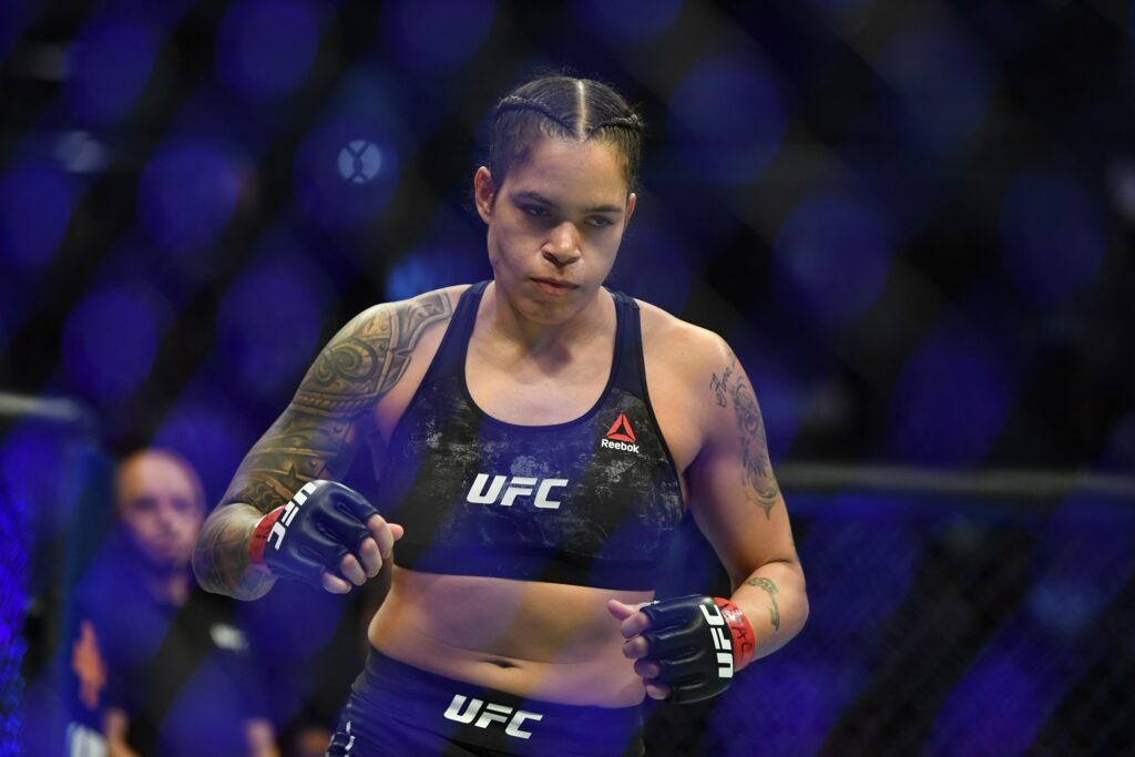 Dec 14, 2019; Las Vegas, NV, USA; Amanda Nunes (red gloves) reacts before a bout against Germaine de Randamie (not pictured) during UFC 245 at T-Mobile Arena. Mandatory Credit: Stephen R. Sylvanie-USA TODAY Sports