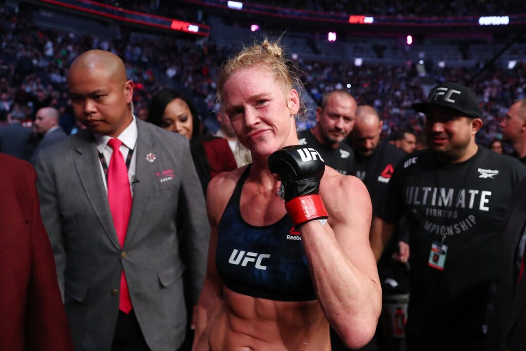 January 18, 2020; Las Vegas, Nevada, USA; Holly Holm reacts following her victory by unanimous decision against Raquel Pennington during UFC 246 at T-Mobile Arena. Mandatory Credit: Mark J. Rebilas-USA TODAY Sports