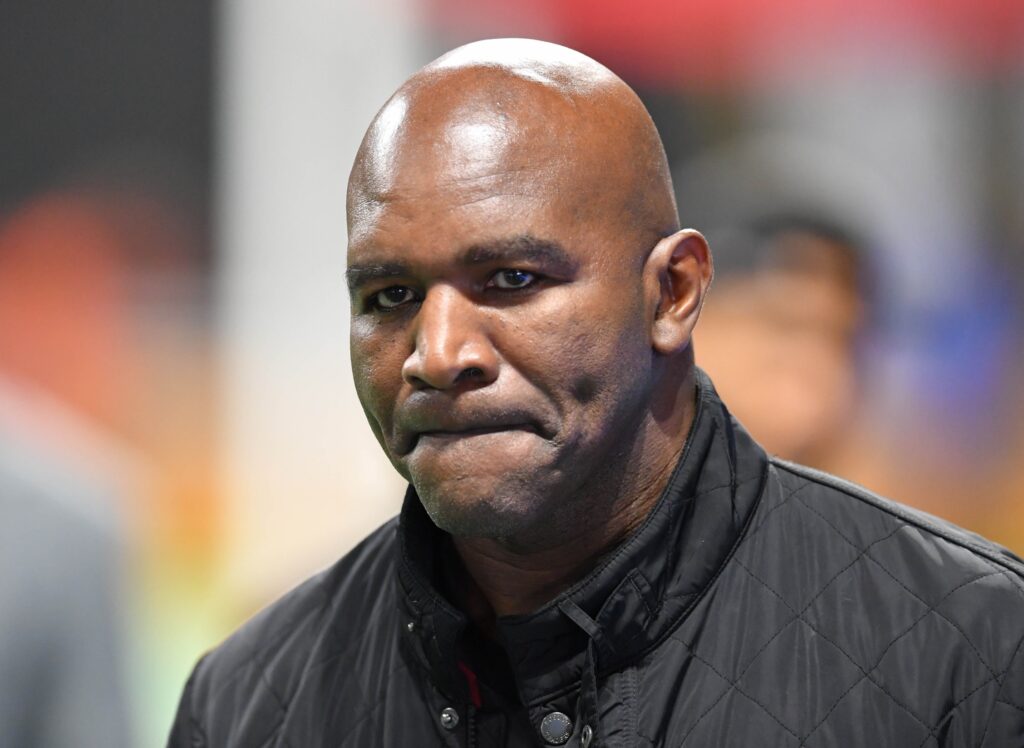 Dec 8, 2018; Atlanta, GA, USA; Evander Holyfield in attendance before the 2018 MLS Cup championship game between the Atlanta United and the Portland Timbers at Mercedes-Benz Stadium. Mandatory Credit: Dale Zanine-USA TODAY Sports