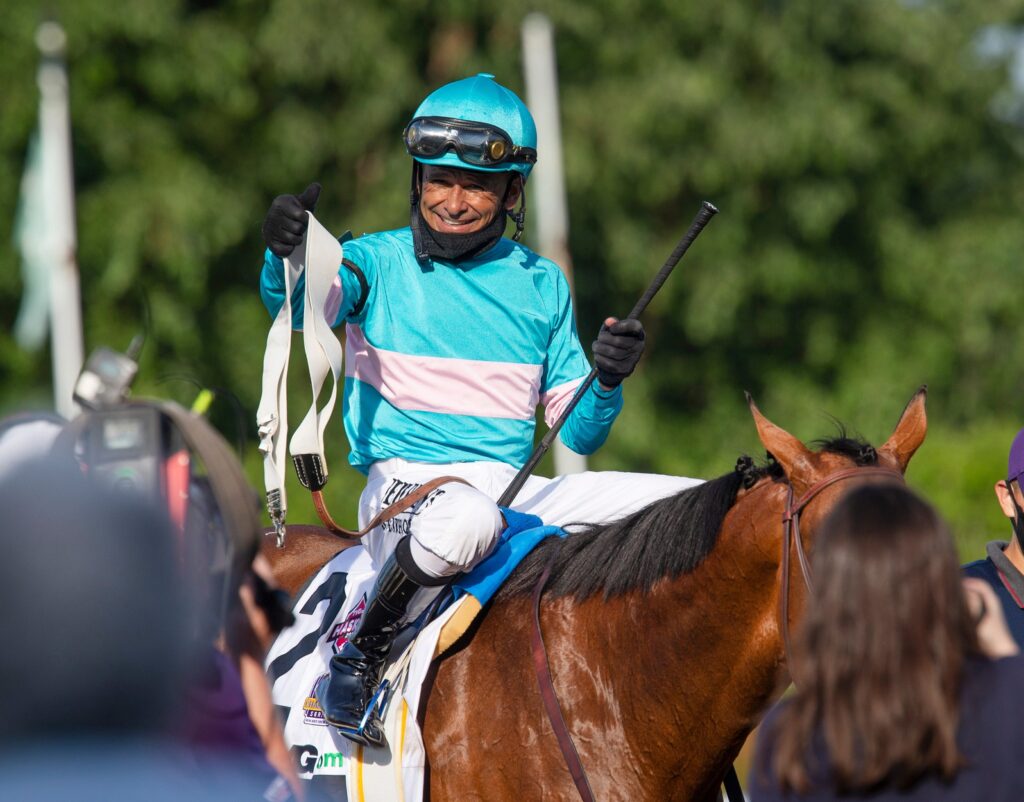 Jockey Mike Smith celelbrates as he sits atop Authenthic after winning the 2020 Haskell Invitational at Monmouth Park, NJ on July 18, 2020 in Oceanport, NJ.

Haskell200718dd