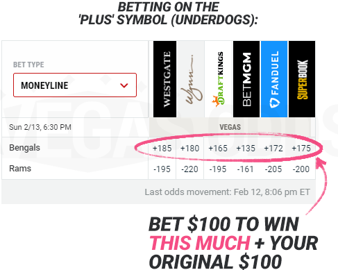 example of betting on plus symbol underdogs