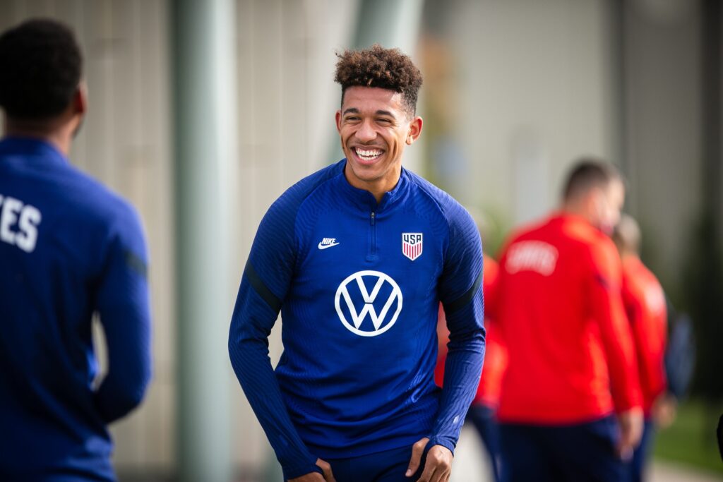 Chris Richards, of the U.S. men's national team, laughs with teammates during practice at the Mercy Health Training Center, in Milford, on Tuesday, November 9, 2021. The team is training ahead of its fourth home match of the 2022 FIFA World Cup Qualifying campaign. USA is set to play Mexico on Friday, Nov. 12 at TQL Stadium.

012usnationalsoccer