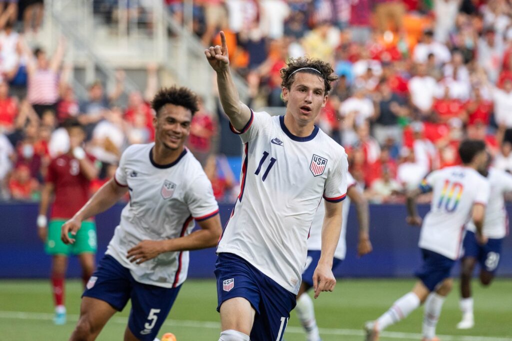 Jun 1, 2022; Cincinnati, Ohio, USA; the United States forward Brenden Aaronson (11) celebrates his goal with the defender Antonee Robinson (5) during an International friendly against the Morocco soccer match at TQL Stadium. Mandatory Credit: Trevor Ruszkowski-USA TODAY Sports