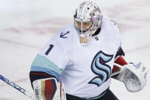 NHL, Eishockey Herren, USA profile photo on Seattle Kraken goalie Philipp Grubauer, from Germany, during a game against the Calgary Flames in Calgary, Alta. on Nov. 1, 2022. digital photo by Larry MacDougal Philipp Grubauer