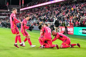 ST. LOUIS, MO - MARCH 18: STL City players celebrate the first goal of the game by St. Louis City forward Nicholas Gioacchini 11 during a game between San Jose Earthquake and St. Louis CITY SC on March 18, 2023, the inaugural home game at CITYPARK Stadium in St. Louis City, MO. Photo by Rick Ulreich/Icon Sportswire SOCCER: MAR 18 MLS, Fussball Herren, USA - St. Louis CITY SC vs San Jose Earthquakes Icon23031845