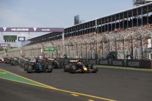 April 2, 2023, Melbourne, Australia: Max Verstappen of the Netherlands drives the 1 Oracle Red Bull Racing RB19 leads George Russell of Great Britain drives the 63 Mercedes AMG Petronas F1 Team W13 during the F1 Grand Prix of Australia at the Albert Park Grand Prix circuit. Melbourne Australia - ZUMAs197 20230402_zaa_s197_398 Copyright: xGeorgexHitchensx