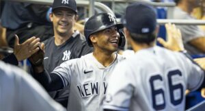 August 1, 2021, Miami, Florida, United States of America: New York Yankees player Gleyber Torres 25 reacts with his teammates in the Yankees dugout after scoring a run during the ninth inning against the Miami Marlins at loanDepot park in the Little Havana neighborhood of Miami, Florida, on Sunday, August 1, 2021. The Yankees defeated the Marlins 3-1 to sweep Miami in the series. Miami United States of America - ZUMAm67_ 20210801_zaf_m67_023 Copyright: xDanielxA.xVarelax