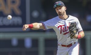 April 12, 2023, Minneapolis, MN, United States: Minnesota Twins second baseman Edourd Julien throws to first for an out during the top of the second inning against the Chicago White Sox at Target Field in Minneapolis on Wednesday, April 12, 2023. Minneapolis United States - ZUMAm67_ 20230412_zaf_m67_006 Copyright: xElizabethxFloresx