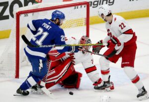 June 5, 2021, TAMPA, Florida, USA: Tampa Bay Lightning center Brayden Point 21 is stopped in the crease by Carolina Hurricanes goaltender Petr Mrazek 34 with Carolina Hurricanes defenseman Brett Pesce 22 defending during the first period of the game between the Tampa Bay Lightning and the Carolina Hurricanes on Saturday, June 5, 2021, in Game 4 of the second round of the NHL, Eishockey Herren, USA Stanley Cup Playoffs at Amalie Arena in Tampa. TAMPA USA - ZUMAs70_ 0120458566st Copyright: xDouglasxR.xCliffordx