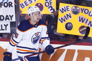 NHL, Eishockey Herren, USA profile photo on Edmonton Oilers player Philip Broberg, from Sweden, at a game against the Calgary Flames in Calgary, Alta. on March 7, 2022. digital photo by Larry MacDougal Philip Broberg