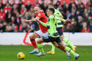 Nottingham Forest v Manchester City - Premier League Phil Foden of Manchester City under pressure from Jonjo Shelvey of Nottingham Forest during the Premier League match between Nottingham Forest and Manchester City at the City Ground, Nottingham on Saturday 18th February 2023. Nottingham Nottinghamshire United Kingdom PUBLICATIONxNOTxINxFRA Copyright: xMIxNewsx originalFilename:fletcher-nottingh230218_npBvo.jpg