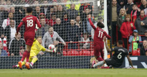 Liverpool, England, 9th April 2023. Mohamed Salah of Liverpool gets a goal back 1-2 during the Premier League match at Anfield, Liverpool. Picture credit should read: Andrew Yates / Sportimage EDITORIAL USE ONLY. No use with unauthorised audio, video, data, fixture lists, club/league logos or live services. Online in-match use limited to 120 images, no video emulation. No use in betting, games or single club/league/player publications. SPI-2358-0071