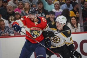 April 23, 2023: Florida Panthers center Eric Staal 12 and Boston Bruins center Trent Frederic 11 fight for the puck during the first period of Game Four of a first round NHL, Eishockey Herren, USA Stanley Cup series at FLA Live Arena on Sunday, April 23, 2023, in Sunrise, Florida. - ZUMAm67_ 0245332593st Copyright: xAliexSkowronskix