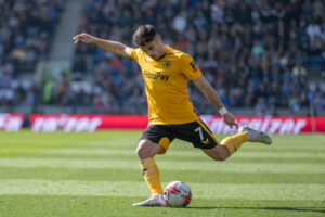Brighton and Hove Albion v Wolverhampton Wanderers Premier League 29/04/2023. Wolverhampton Wanderers forward Pedro Neto 7 during the Premier League match between Brighton and Hove Albion and Wolverhampton Wanderers at the American Express Community Stadium, Brighton and Hove, England on 29 April 2023. Brighton and Hove American Express Community Stadium East Sussex England Editorial use only DataCo restrictions apply See www.football-dataco.com , Copyright: xJanexStokesx PSI-17357-0118