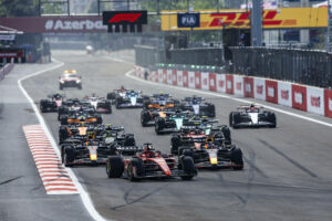 F1 2023 Azerbaijan Grand Prix 16 Charles Leclerc of Monaco, Scuderia Ferrari, SF-23 - Ferrari, action lead the start of the race in front of 01 Max Verstappen of Netherlands, Oracle Red Bull Racing, RB19 - Honda RBPT, action 11 Sergio Perez of Mexico, Oracle Red Bull Racing, RB19 - Honda RBPT, action during the Formula 1 Azerbaijan Grand Prix of FIA Formula One World Championship, WM, Weltmeisterschaft from 27th to 30th of April, 2023 on the Baku Street Circuit, in Baku, Azerbaijan. Baku Azerbaijan PUBLICATIONxNOTxINxFRA Copyright: xGongorax originalFilename:bonilla-f12023az230430_npocO.jpg