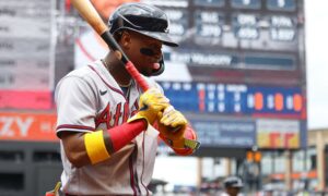 Atlanta Braves v New York Mets - Game 1 Atlanta Braves Ronald Acuna Jr. 13 heads to the on deck circle during the third inning of a baseball game against the New York Mets at Citi Field in Flushing, New York, Monday, May 1, 2023. New York City New York United States PUBLICATIONxNOTxINxFRA Copyright: xGordonxDonovanx originalFilename:donovan-atlantab230501_np2XE.jpg