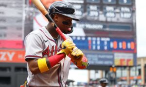 Atlanta Braves v New York Mets - Game 1 Atlanta Braves Ronald Acuna Jr. 13 heads to the on deck circle during the third inning of a baseball game against the New York Mets at Citi Field in Flushing, New York, Monday, May 1, 2023. New York City New York United States PUBLICATIONxNOTxINxFRA Copyright: xGordonxDonovanx originalFilename:donovan-atlantab230501_np2XE.jpg