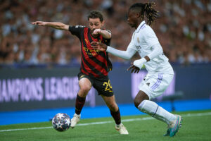 230510 -- MADRID, May 10, 2023 -- Eduardo Camavinga R of Real Madrid vies with Bernardo Silva of Manchester City during the UEFA Champions League semifinal first Leg match in Madrid, Spain, on May 9, 2023. Photo by /Xinhua SPSPAIN-MADRID-FOOTBALL-UEFA CHAMPIONS LEAGUE-REAL MADRID VS MAN CITY PabloxMorano PUBLICATIONxNOTxINxCHN