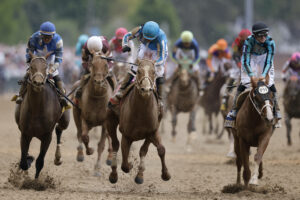 LOUISVILLE, KY - MAY 06: Jockey Javier Castellano rides Mage 8 to a win in the 149th running of the Kentucky Derby at Churchill Downs on May 06, 2023 in Louisville, Kentucky. Photo by Joe Robbins/Icon Sportswire HORSE RACING: MAY 06 Kentucky Derby EDITORIAL USE ONLY Icon573230506061