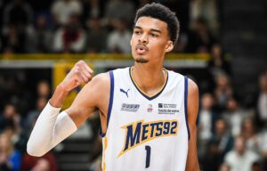 May 16, 2023, Levallois-Perret, France: VICTOR WEMBANYAMA of Metropolitans 92 celebrates his point during the Betclic Elite match between Metropolitans 92 Boulogne-Levallois and Paris Basketball at Palais des Sports Marcel Cerdan in Levallois-Perret, France. Paris won the game 93-85. The San Antonio Spurs have won the 2023 NBA, Basketball Herren, USA draft lottery and the right to select French super-prospect Victor Wembanyama with the No. 1 overall pick. Levallois-Perret France - ZUMAm308 20230516_zsp_m308_002 Copyright: xMatthieuxMirvillex