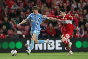 Middlesbrough v Coventry City: Sky Bet Championship Play-Off Semi-Final Second Leg Ben Sheaf of Coventry City in action with Middlesbrough s Hayden Hackney during the Sky Bet Championship Play Off Semi Final 2nd Leg between Middlesbrough and Coventry City at the Riverside Stadium, Middlesbrough on Wednesday 17th May 2023. Middlesbrough North Yorkshire United Kingdom PUBLICATIONxNOTxINxFRA Copyright: xMIxNewsx originalFilename:fletcher-middlesb230517_npIsE.jpg