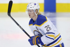 NHL, Eishockey Herren, USA profile photo on Buffalo Sabres player Rasmus Dahlin, from Sweden, during a game against the Calgary Flames in Calgary, Alta. on Oct. 20, 2022. digital photo by Larry MacDougal Rasmus Dahlin