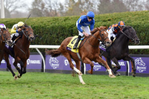 05.11.2022, Lexington, Kentucky, USA - Modern Games with William Buick up wins the Breeders Cup Mile. Keeneland racecourse. Pferd, Jockey, Modern Games, Buick, Sieg, Ziel, Zielankunft 221105C825LEXINGTON.JPG *** 05 11 2022, Lexington, Kentucky, USA Modern Games with William Buick up wins the Breeders Cup Mile Keeneland racecourse horse, jockey, Modern Games, Buick, win, finish, finish 221105C825LEXINGTON JPG