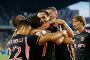 COLUMBUS, OH - APRIL 29: Inter Miami forward Leonardo Campana 9 celebrates his goal during the first half in a game against the Columbus Crew on April 29, 2023, at Lower.com Field in Columbus, Ohio. Photo by Graham Stokes/Icon Sportswire SOCCER: APR 29 MLS, Fussball Herren, USA - Columbus Crew vs Inter Miami CF EDITORIAL USE ONLY Icon230429015