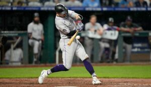 MLB, Baseball Herren, USA 2023 Rockies vs Royals JUN 02 JUN 02, 2023: Colorado Rockies center fielder Brenton Doyle 9 drives a single in the 8th inning contributing to a 4 run inningat Kauffman Stadium Kansas City, Missouri. Jon Robichaud/CSM/Sipa USA.Credit Image: Jon Robichaud/Cal Media/Sipa USA Kansas City Kauffman Stadium Missouri United States NOxUSExINxGERMANY PUBLICATIONxINxALGxARGxAUTxBRNxBRAxCANxCHIxCHNxCOLxECUxEGYxGRExINDxIRIxIRQxISRxJORxKUWxLIBxLBAxMLTxMEXxMARxOMAxPERxQATxKSAxSUIxSYRxTUNxTURxUAExUKxVENxYEMxONLY Copyright: xCalxSportxMediax Editorial use only