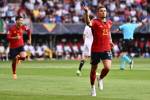ENSCHEDE, NETHERLANDS - JUNE 15: Yeremy Pino of Spain celebrates his first goal during the UEFA Nations League 2022/23 semifinal match between Spain and Italy at FC Twente Stadium on June 15, 2023 in Enschede, Nethe Spain v Italy - UEFA Nations League 2022/23 Semifinal Copyright: xSebastianxFrejx