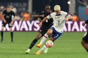 RECORD DATE NOT STATED CONCACAF NATIONS LEAGUE 2022-2023 Canada vs United States Final L-R, Giovanni Reyna of USA and Ismael Kone of Canada during the game Canada vs United States USA, corresponding to Great Final Four of the CONCACAF Nations League 2022-2023, at Allegiant Stadium, on June 18, 2023. brbr I-D, Giovanni Reyna de USA e Ismael Kone de Canada durante el partido Canada vs Estados Unidos EUA, correspondiente a la Gran Final del Final Four de la Liga de Naciones CONCACAF 2022-2023, en el Allegiant Stadium, el 18 de junio de 2023. LAS VEGAS NEVADA ESTADOS UNIDOS PUBLICATIONxNOTxINxMEXxCHNxRUS Copyright: xDavidxLeahx 20230618203840_CNL_23_F_CAN_USA_REYNA163