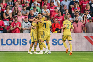 ST. LOUIS, MO - JUN 21: Real Salt Lake midfielder Diego Luna 26 gets congratulated on his goal by teammates Real Salt Lake midfielder Damir Kreilach 8, Real Salt Lake midfielder Pablo Ruiz 7 and Real Salt Lake defender Andrew Brody 2 during a game between Real Salt Lake and St. Louis CITY SC on Jun 21, 2023, at CITYPARK Stadium in St. Louis City, MO. Photo by Rick Ulreich/Icon Sportswire SOCCER: JUN 21 MLS, Fussball Herren, USA - St. Louis CITY SC vs Real Salt Lake EDITORIAL USE ONLY Icon23062102