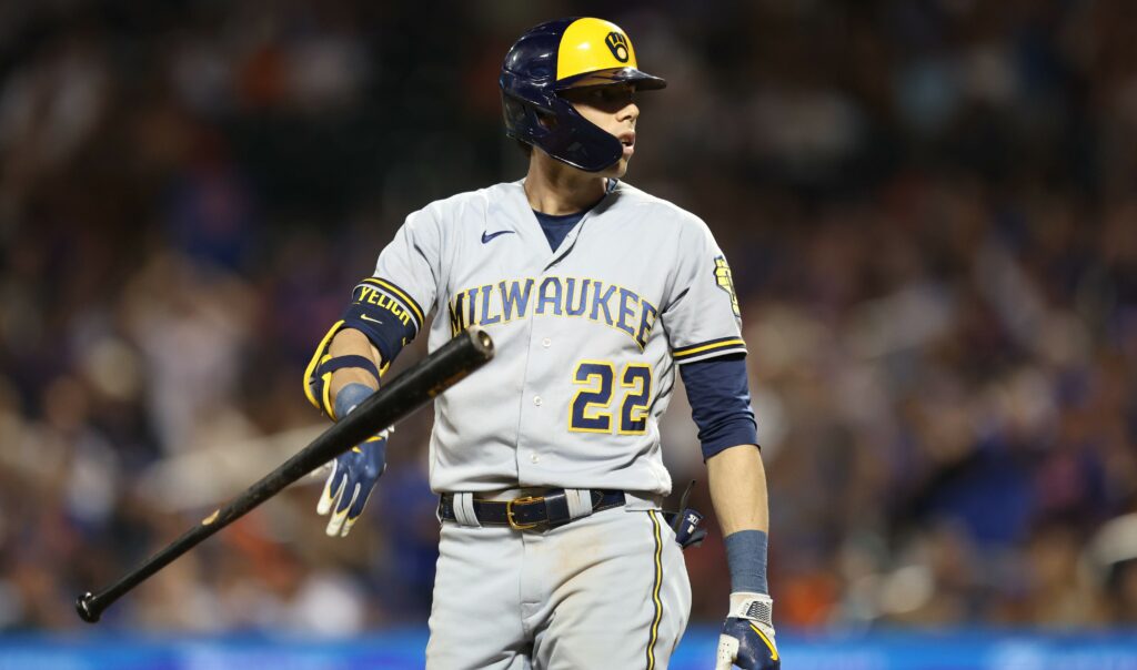 Milwaukee Brewers v New York Mets Milwaukee Brewers Christian Yelich 22 tosses bat after striking out during the eighth inning of a baseball game against the New York Mets at Citi Field in New York City, New York, Monday, June 26, 2023. New York City New York United States PUBLICATIONxNOTxINxFRA Copyright: xGordonxDonovanx originalFilename:donovan-milwauke230626_np18H.jpg