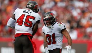 January 1, 2023, Tampa, Florida, USA: Tampa Bay Buccaneers linebacker Devin White 45 and Tampa Bay Buccaneers safety Antoine Winfield Jr. 31 celebrate after they make a defensive stop against the Carolina Panthers during the first quarter at Raymond James Stadium in Tampa on Sunday, Jan. 1, 2023. Tampa USA - ZUMAs70_ 0197310926st Copyright: xJeffereexWoox