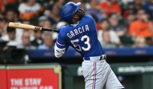 April 14, 2023, Houston, Texas, United States: Texas Rangers right fielder Adolis Garcia 53 during the MLB, Baseball Herren, USA game between the Texas Ranges and the Houston Astros on Friday, April 14, 2023 at Minute Maid Park in Houston, Texas. Houston United States - ZUMAw132 20230414_zap_w132_041 Copyright: xTomxWalkox