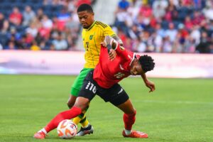 RECORD DATE NOT STATED 2023 CONCACAF Gold Cup Jamaica vs Trinidad y Tobago L-R Alvin Jones of Trinidad y Tobago and Leon Bailey of Jamaica during the game Jamaica vs Trinidad y Tobago, corresponding to group A of the CONCACAF Gold Cup 2023, at City Park Stadium, on June 28, 2023. brbr I-D Alvin Jones de Trinidad y Tobago y Leon Bailey de Jamaica durante el partido Jamaica vs Trinidad y Tobago, correspondiente al grupo A de la Copa Oro de la CONCACAF 2023, en el City Park Stadium, el 28 de jUnio de 2023. ST LOUIS MISSOUIRI ESTADOS UNIDOS PUBLICATIONxNOTxINxMEXxCHNxRUS Copyright: xJONATHANxDUENASx 20230628201928_CGC_23_GA_JAM_TTO_JONES145