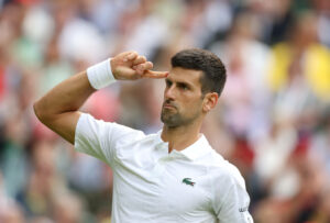 230706 -- LONDON, July 6, 2023 -- Novak Djokovic of Serbia celebrates during the men s singles second round match between Novak Djokovic of Serbia and Jordan Thompson of Australia at Wimbledon tennis Championship in London, Britain, on July 5, 2023.  SP BRITAIN-LONDON-TENNIS-WIMBLEDON-DAY 3 LixYing PUBLICATIONxNOTxINxCHN