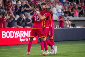 July 15, 2023, Saint Louis, Missouri, USA: Saint Louis City SC midfielder EDUARD LOWEN celebrates with teammates after scoring to a goal to go up 3-0 in the 80th minute versus Inter Miami CF in Major League Soccer at CityPark. Saint Louis USA - ZUMA 20230715_mda_w214_462 Copyright: xSvenxWhitex