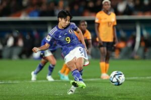 Riko UEKI JPN, Jul 22, 2023 - Football / Soccer : 9 Riko UEKI of Japan shoots and scores her teams 5th goal on penalty her first goal during the FIFA Womens World Cup Australia & New Zealand 2023 Group C match between Japan and Zambia at Waikato Stadium in Hamilton, New Zealand. Noxthirdxpartyxsales PUBLICATIONxNOTxINxJPN 224667514