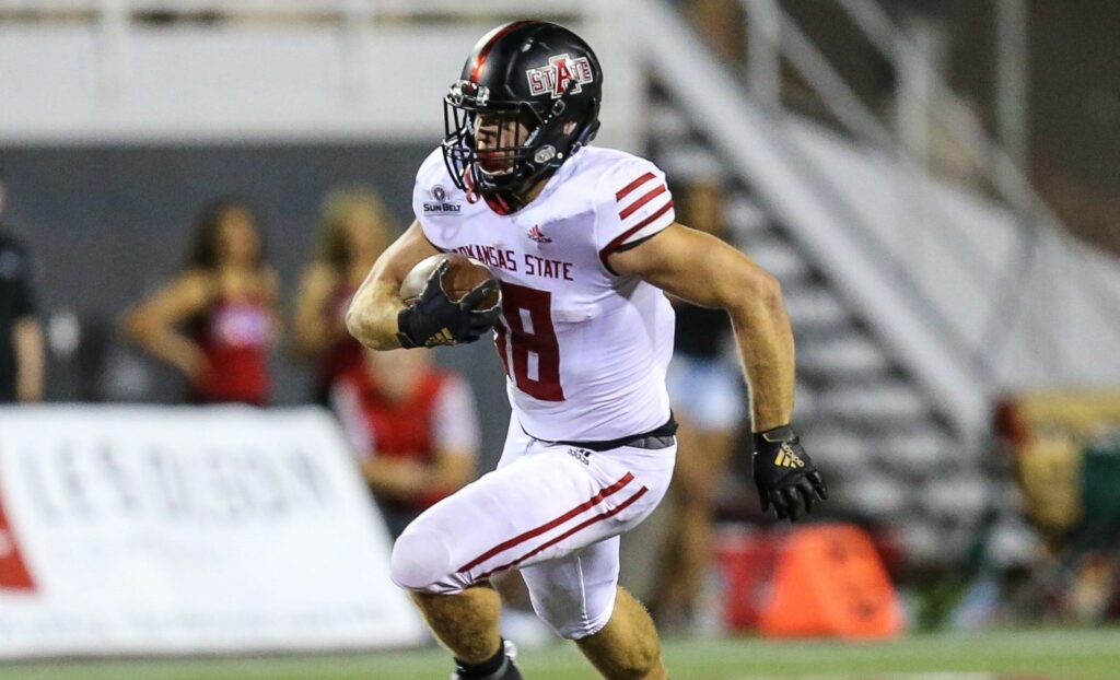 September 7, 2019: Arkansas State Red Wolves running back Ryan Graham (18) runs with the football during the NCAA, College League, USA Football game featuring the Arkansas State Red Wolves and the UNLV Rebels at Sam Boyd Stadium in Las Vegas, NV. The Arkansas State Red Wolves defeated the UNLV Rebels 43 to 17. /CSM NCAA Football 2019: Arkansas State vs UNLV SEP 07  - ZUMAc04_ 20190907_zaf_c04_738 Copyright: xChristopherxTrimx