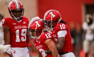 November 26, 2022, Bloomington, United States: Indiana Hoosiers wide receiver Andison Coby 10 congratulates Indiana Hoosiers running back Jaylin Lucas 12 who scored a touchdown against Purdue during an NCAA, College League, USA football game at Memorial Stadium. Purdue beat IU 30-16. Bloomington United States - ZUMAs197 20221126_zaa_s197_126 Copyright: xJeremyxHoganx