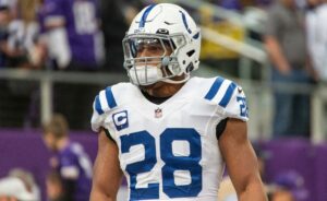 MINNEAPOLIS, MN - DECEMBER 17: Indianapolis Colts running back Jonathan Taylor 28 looks on before the NFL, American Football Herren, USA game between the Indianapolis Colts and Minnesota Vikings on December 17th, 2022, at U.S. Bank Stadium in Minneapolis, MN. Photo by Bailey Hillesheim/Icon Sportswire NFL: DEC 17 Colts at Vikings Icon221217016