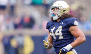 NCAA, College League, USA Football 2023: Notre Dame Blue-Gold Spring Game APR 22 April 22, 2023: Notre Dame linebacker Junior Tuihalamaka 44 during the Notre Dame Annual Blue-Gold Spring football game at Notre Dame Stadium in South Bend, Indiana. Gold defeated Blue 24-0. John Mersits/CSM/Sipa USA.Credit Image: John Mersits/Cal Media/Sipa USA California USA NOxUSExINxGERMANY PUBLICATIONxINxALGxARGxAUTxBRNxBRAxCANxCHIxCHNxCOLxECUxEGYxGRExINDxIRIxIRQxISRxJORxKUWxLIBxLBAxMLTxMEXxMARxOMAxPERxQATxKSAxSUIxSYRxTUNxTURxUAExUKxVENxYEMxONLY Copyright: xCalxSportxMediax Editorial use only