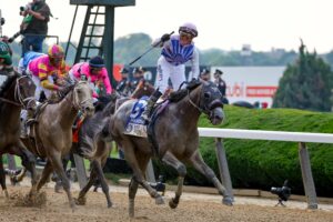 HEMPSTEAD, NY - JUNE 10: Arcangelo ridden by Javier Castellano wins the 155th Running of the Belmont Stakes at Belmont Park on June 10, 2023 in Hempstead, New York. Photo by Rich Graessle/Icon Sportswire HORSE RACING: JUN 10 Belmont Stakes EDITORIAL USE ONLY Icon23061017980