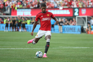 EAST RUTHERFORD, NJ - JULY 22: Manchester United, ManU forward Marcus Rashford 10 kicks the ball during a penalty kick after a match between Arsenal and Manchester United on July 22, 2023, at MetLife Stadium in East Rutherford, New Jersey. Photo by Andrew Mordzynski/Icon Sportswire SOCCER: JUL 22 Soccer Champions Tour - Manchester United vs Arsenal EDITORIAL USE ONLY Icon2307221171437
